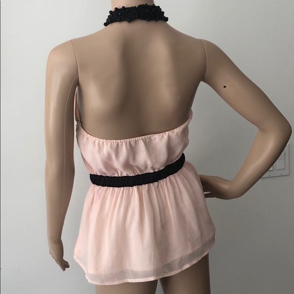 Bebe new halter top soft pink blush black peplum beads XS S - Picture 4 of 6